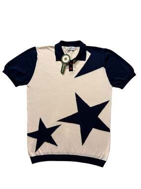 Oxknitstore Men's 60s Style Star Print Knit Polo Shirt Cream Navy 3XL